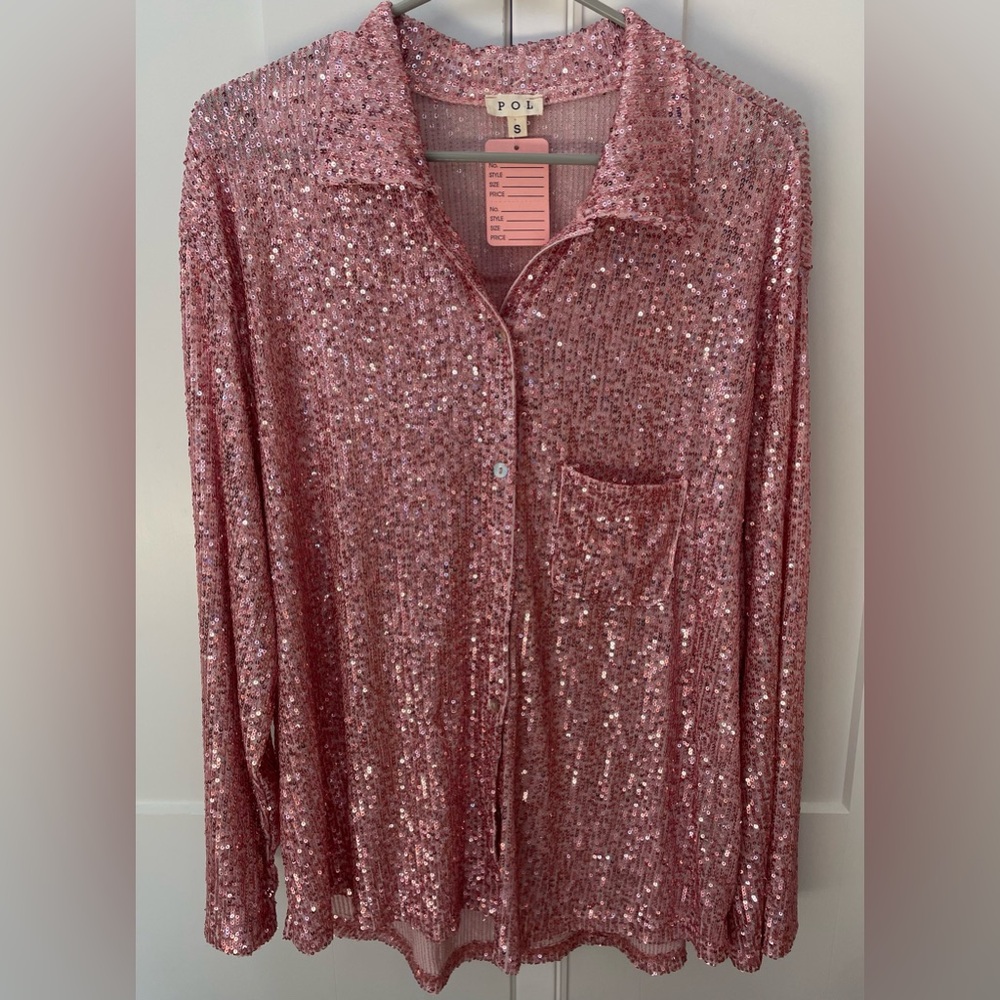 New POL pink sequin button down shirt long sleeves v-neck pocket small NWT
